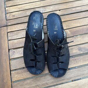 Black Leather Wedge Slide Sandals With Lace Detail Size 39
